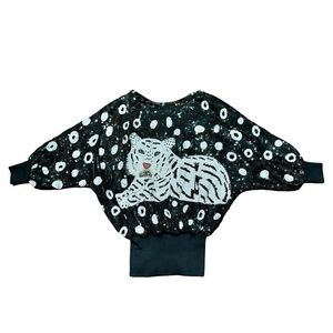 True Vintage 80s Sequin Beaded Tiger Top Dress Black Silk Batwing Sleeve
